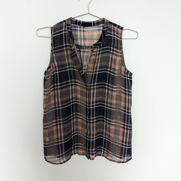 Ann Taylor LOFT Sheer Plaid Sleeveless Top, Pink/Navy, Women's XS - Picture 1 of 4